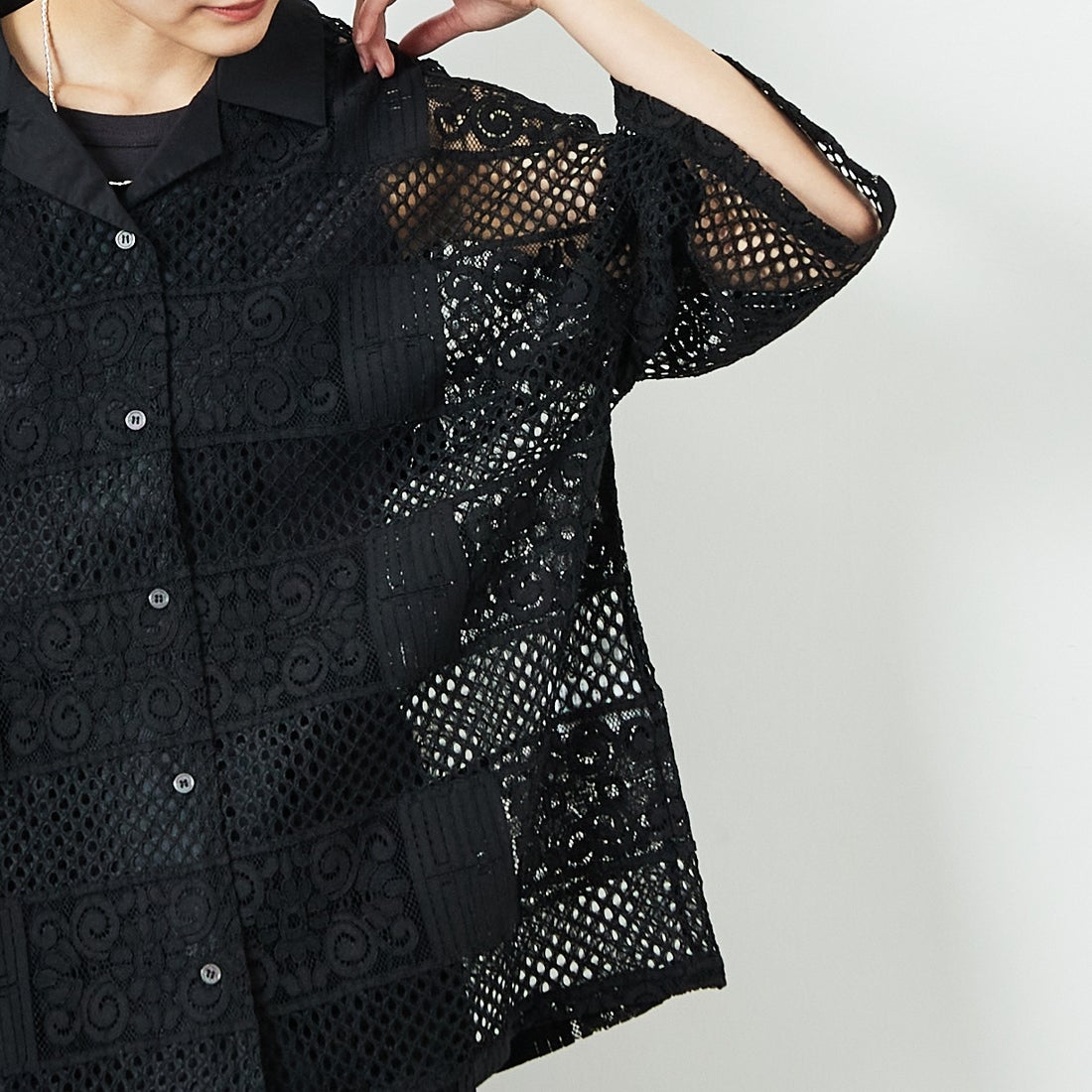 Jeans Factory Clothes [ジーンズファクトリークローズ] カットレース7分袖シャツ [L4114] 190 BLACK &&モデル身長：160cm 着用サイズ：F&&
