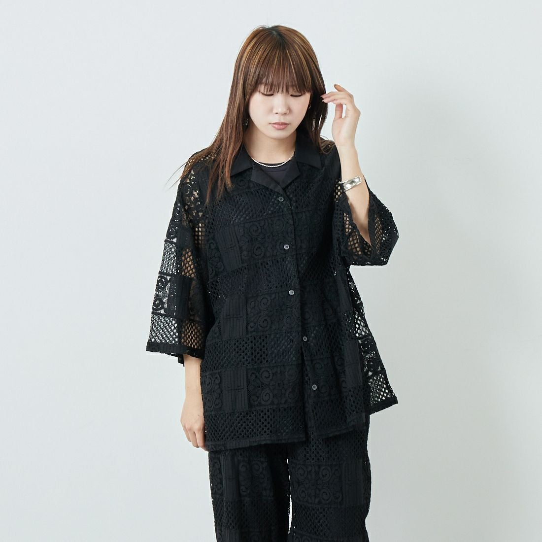Jeans Factory Clothes [ジーンズファクトリークローズ] カットレース7分袖シャツ [L4114] 190 BLACK &&モデル身長：167cm 着用サイズ：F&&