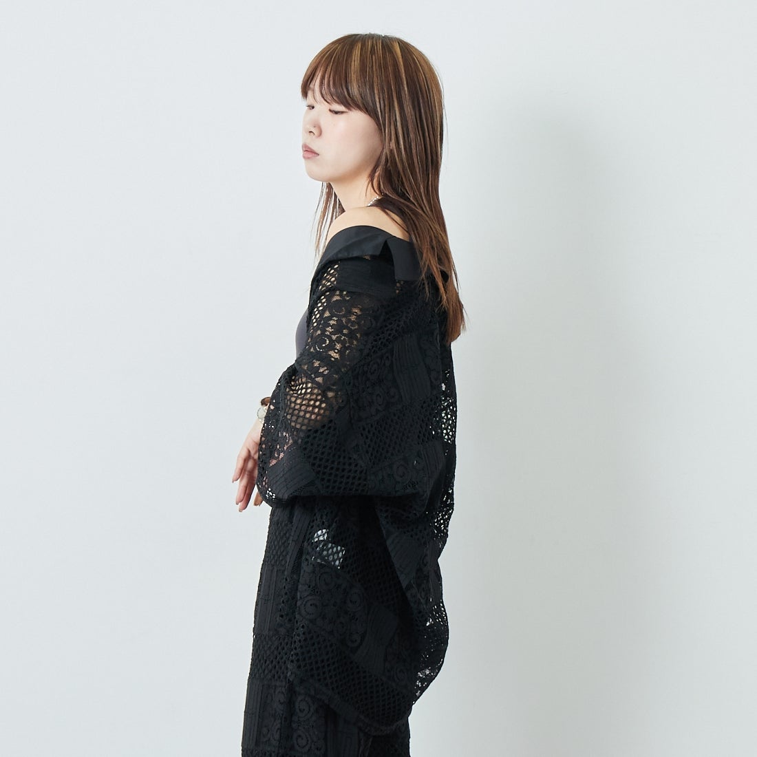 Jeans Factory Clothes [ジーンズファクトリークローズ] カットレース7分袖シャツ [L4114] 190 BLACK &&モデル身長：167cm 着用サイズ：F&&