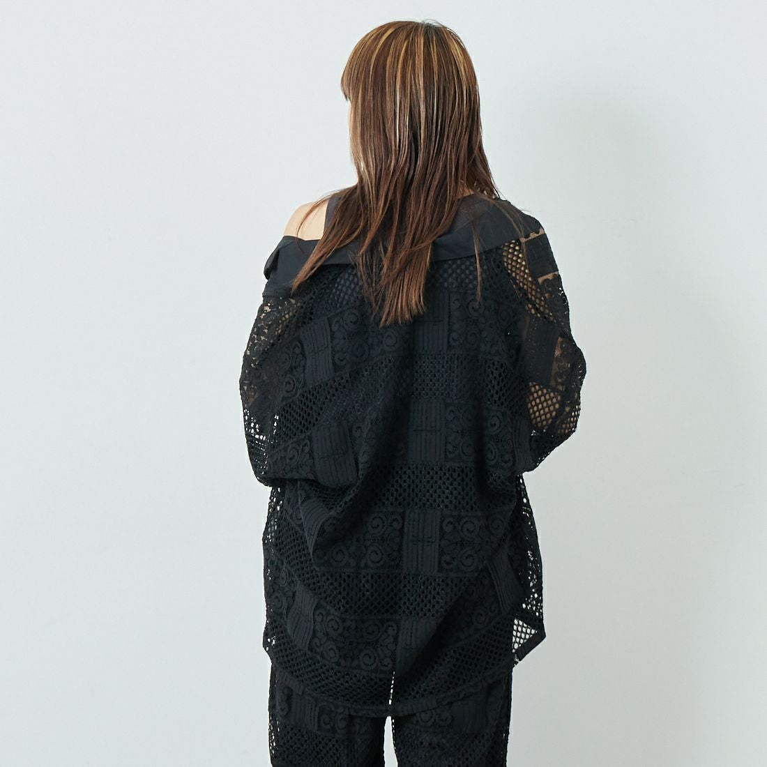 Jeans Factory Clothes [ジーンズファクトリークローズ] カットレース7分袖シャツ [L4114] 190 BLACK &&モデル身長：167cm 着用サイズ：F&&