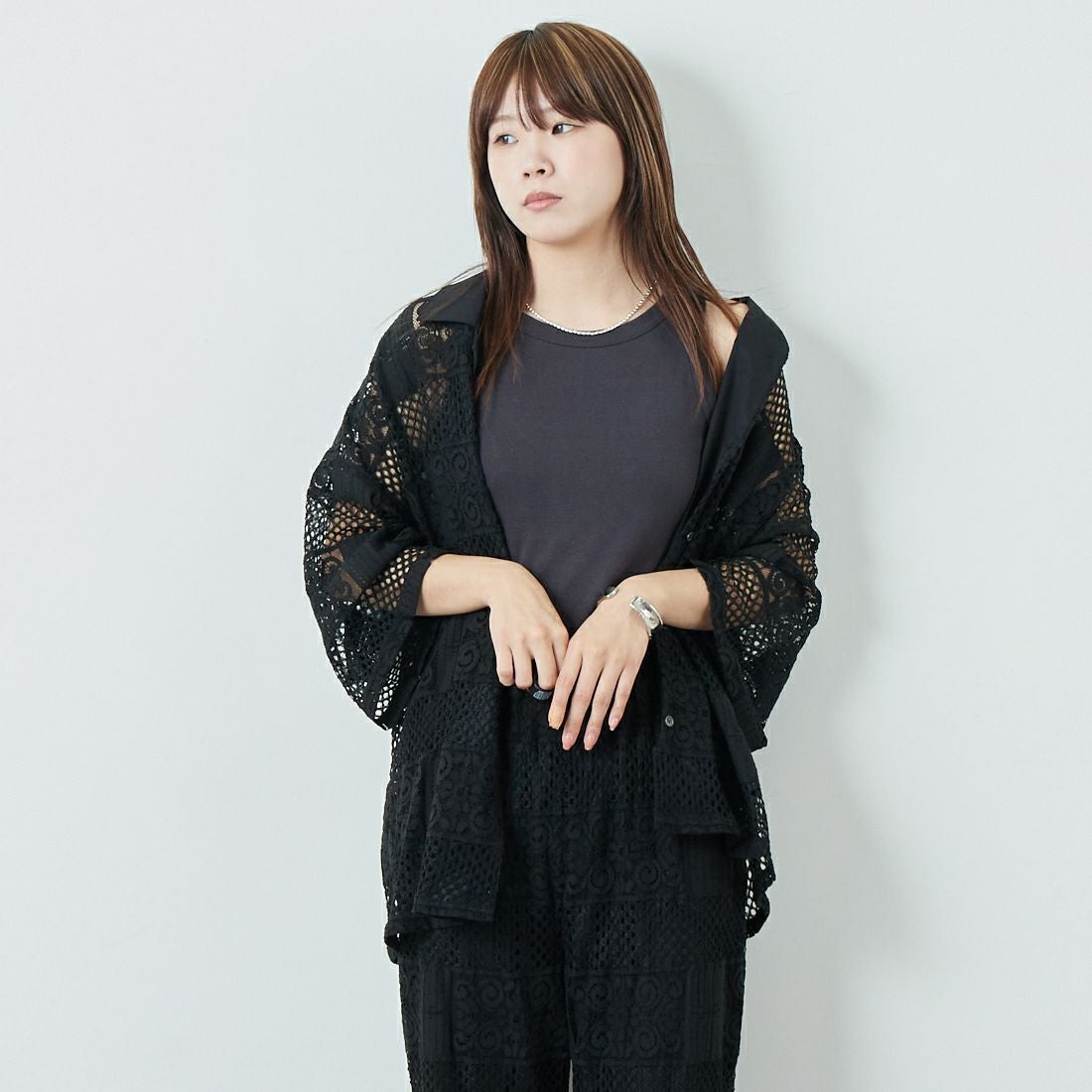 Jeans Factory Clothes [ジーンズファクトリークローズ] カットレース7分袖シャツ [L4114] 190 BLACK &&モデル身長：167cm 着用サイズ：F&&