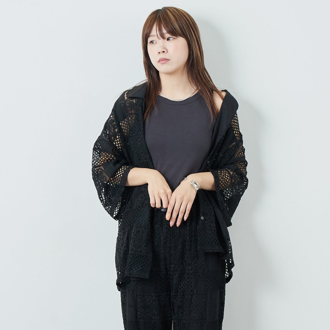 Jeans Factory Clothes [ジーンズファクトリークローズ] カットレース7分袖シャツ [L4114] 190 BLACK &&モデル身長：167cm 着用サイズ：F&&