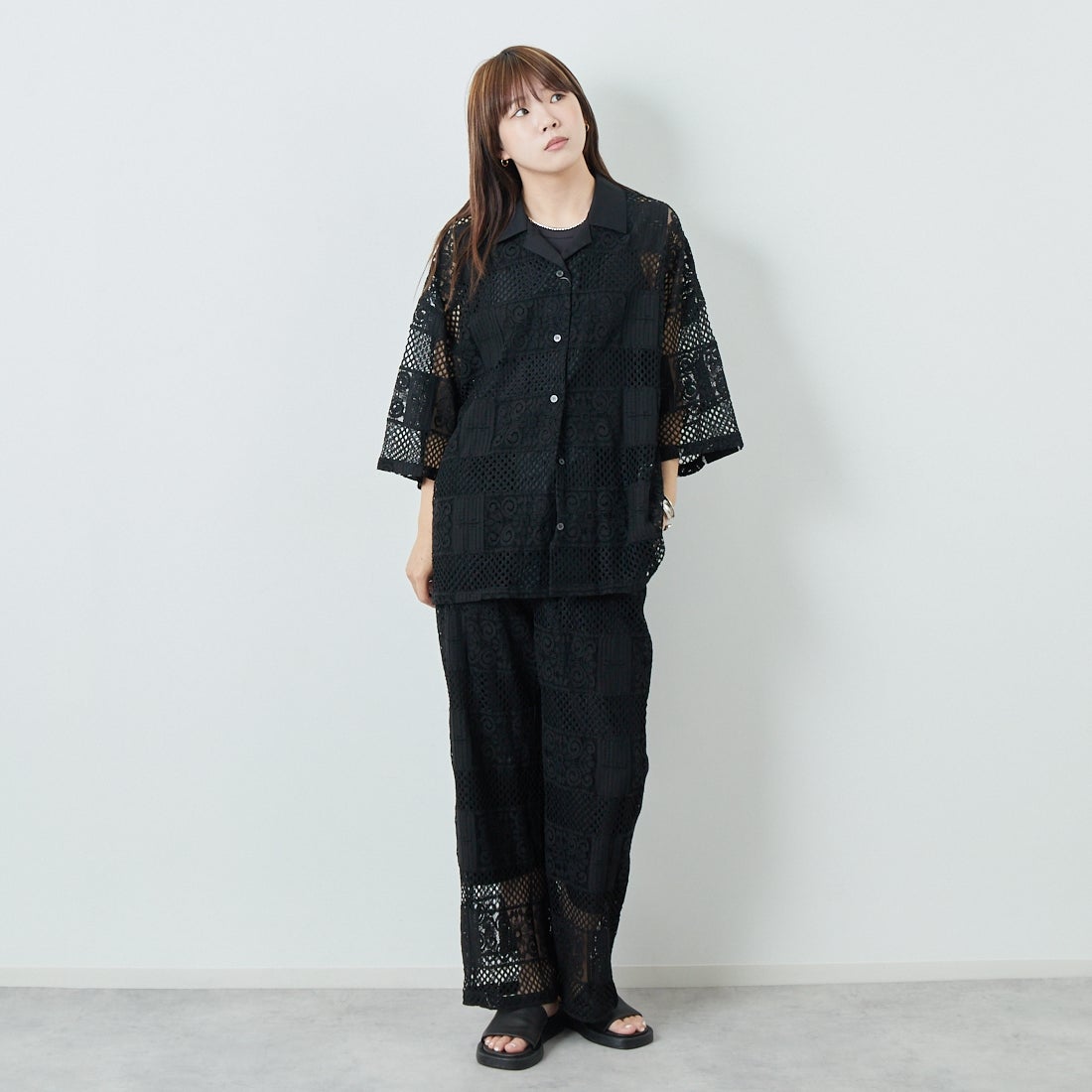 Jeans Factory Clothes [ジーンズファクトリークローズ] カットレース7分袖シャツ [L4114] 190 BLACK &&モデル身長：167cm 着用サイズ：F&&