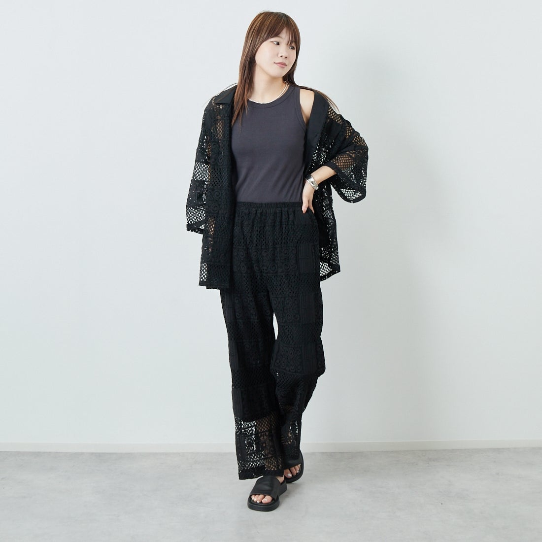 Jeans Factory Clothes [ジーンズファクトリークローズ] カットレース7分袖シャツ [L4114] 190 BLACK &&モデル身長：167cm 着用サイズ：F&&