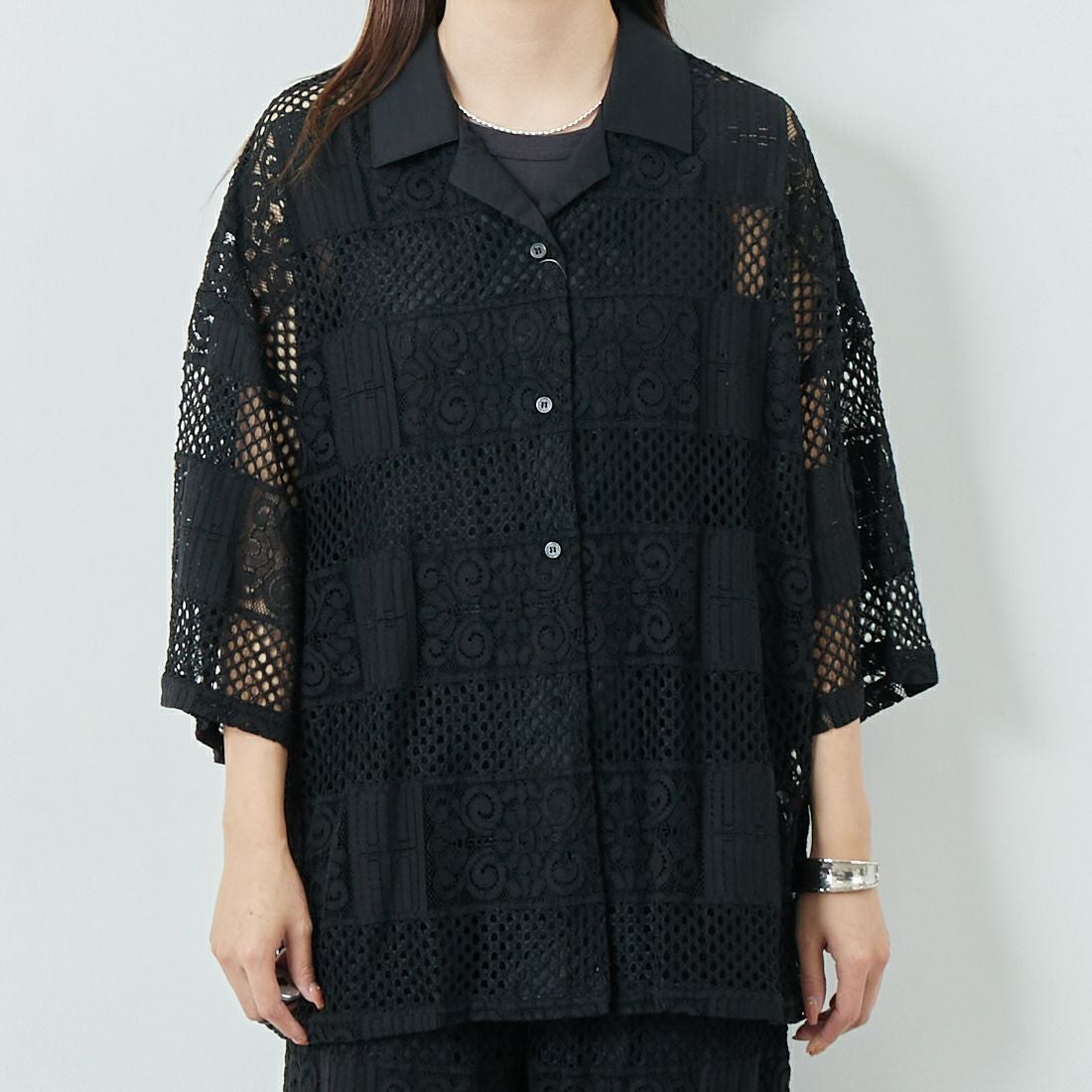 Jeans Factory Clothes [ジーンズファクトリークローズ] カットレース7分袖シャツ [L4114] 190 BLACK &&モデル身長：167cm 着用サイズ：F&&