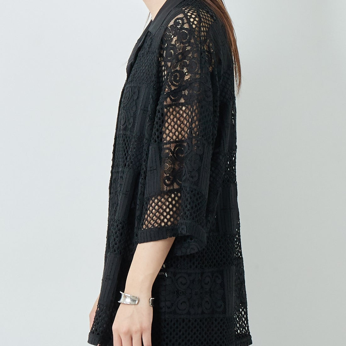 Jeans Factory Clothes [ジーンズファクトリークローズ] カットレース7分袖シャツ [L4114] 190 BLACK &&モデル身長：167cm 着用サイズ：F&&