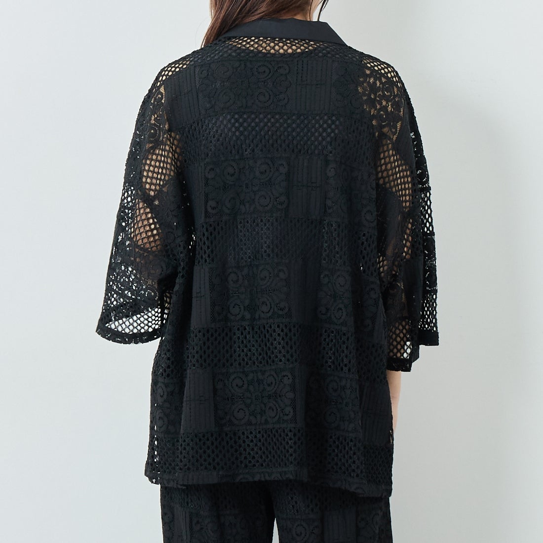 Jeans Factory Clothes [ジーンズファクトリークローズ] カットレース7分袖シャツ [L4114] 190 BLACK &&モデル身長：167cm 着用サイズ：F&&
