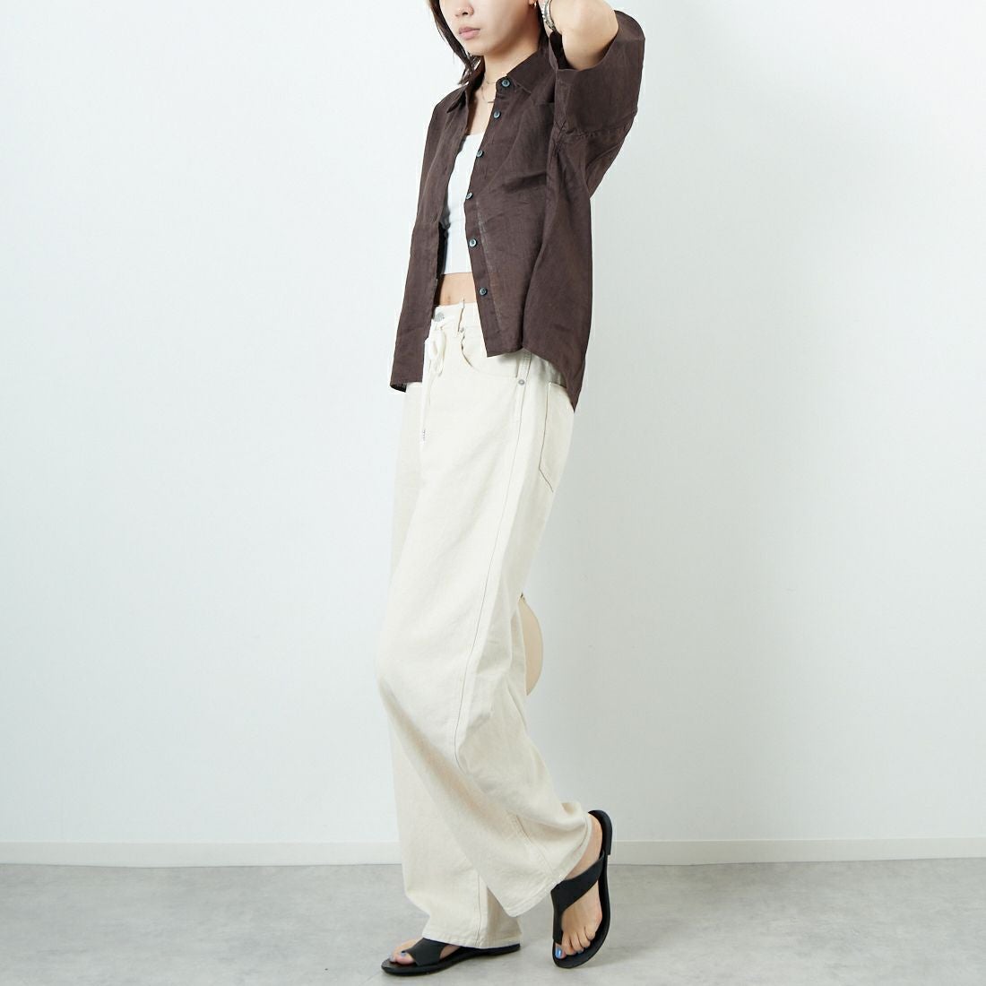 Jeans Factory Clothes [ジーンズファクトリークローズ] リネンショートスリーブシャツ [LFP501]  BROWN &&モデル身長：167cm 着用サイズ：F&&