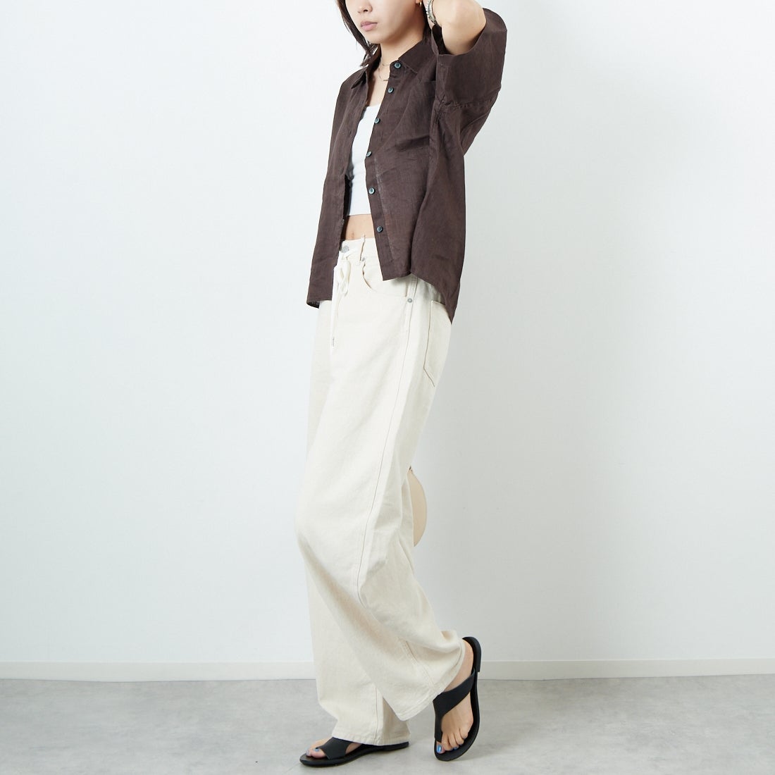 Jeans Factory Clothes [ジーンズファクトリークローズ] リネンショートスリーブシャツ [LFP501]  BROWN &&モデル身長：167cm 着用サイズ：F&&