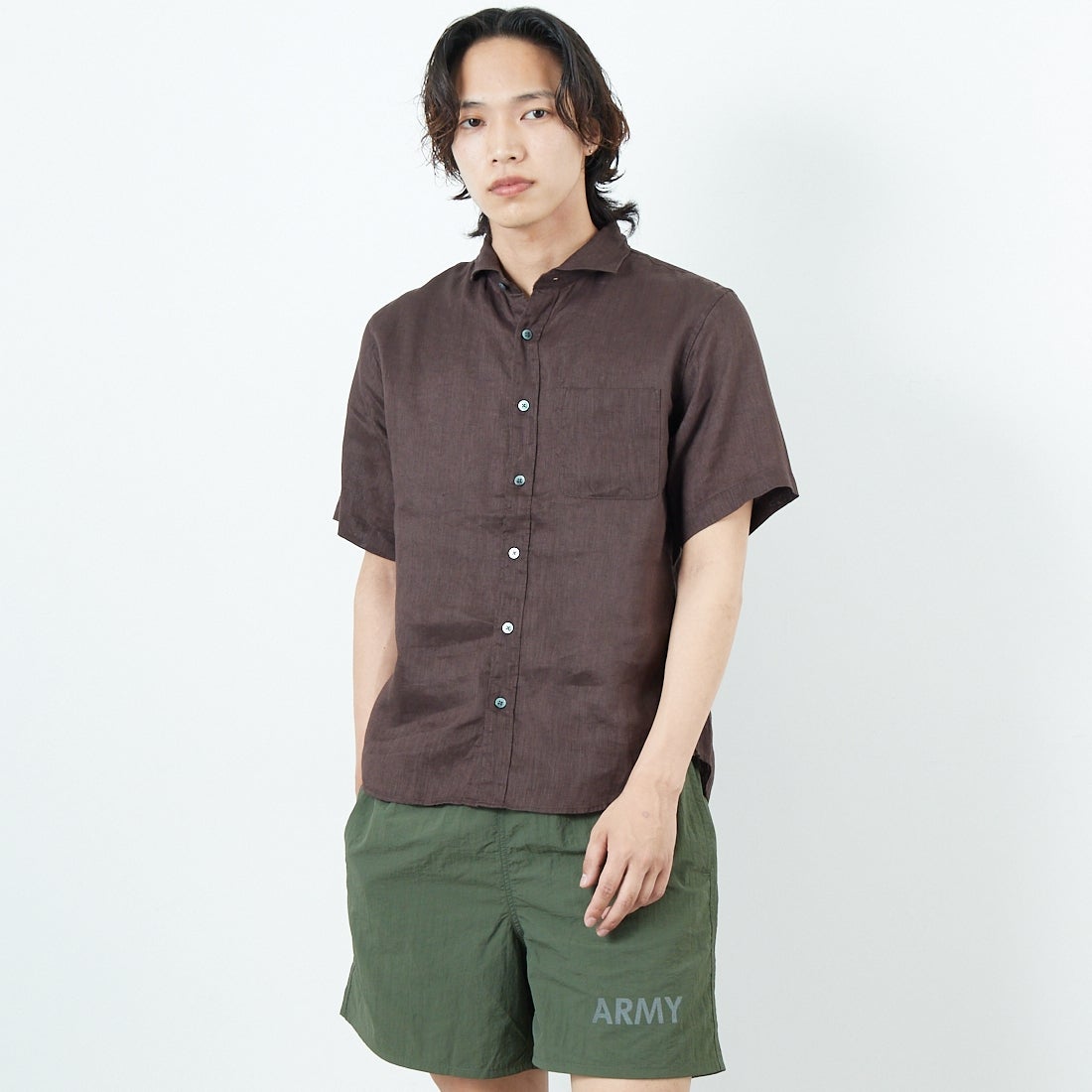 33Degrees [サーティスリーディグリーズ] フレンチリネン ショートスリーブシャツ [BFP612] BROWN &&モデル身長：179cm 着用サイズ：M&&