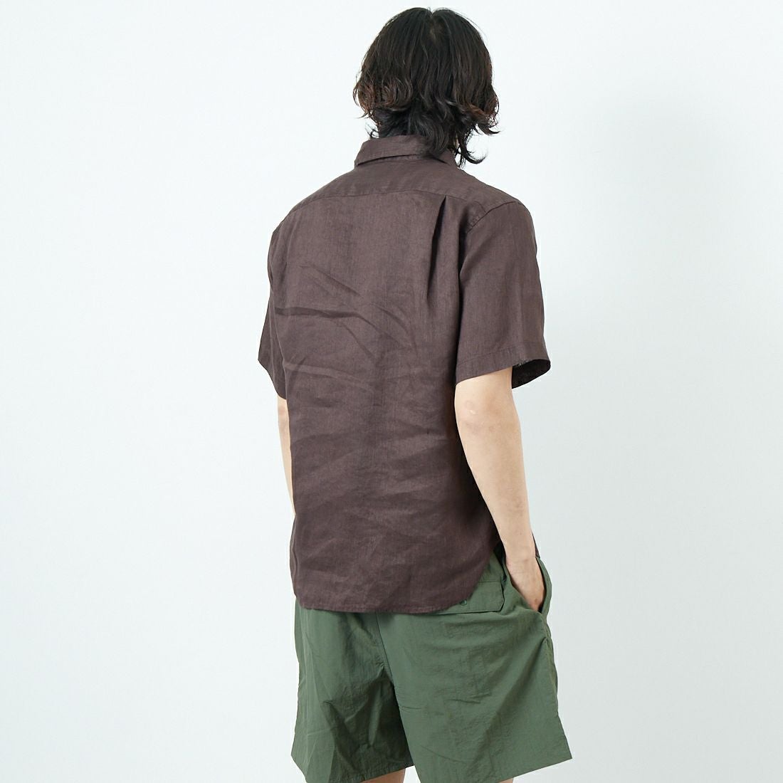 33Degrees [サーティスリーディグリーズ] フレンチリネン ショートスリーブシャツ [BFP612] BROWN &&モデル身長：179cm 着用サイズ：M&&