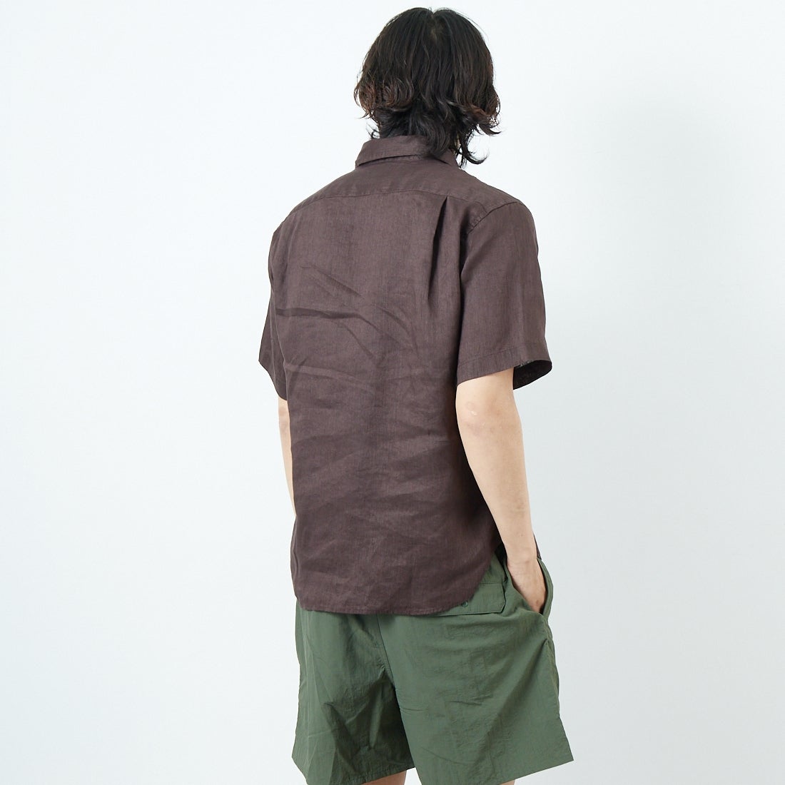 33Degrees [サーティスリーディグリーズ] フレンチリネン ショートスリーブシャツ [BFP612] BROWN &&モデル身長：179cm 着用サイズ：M&&