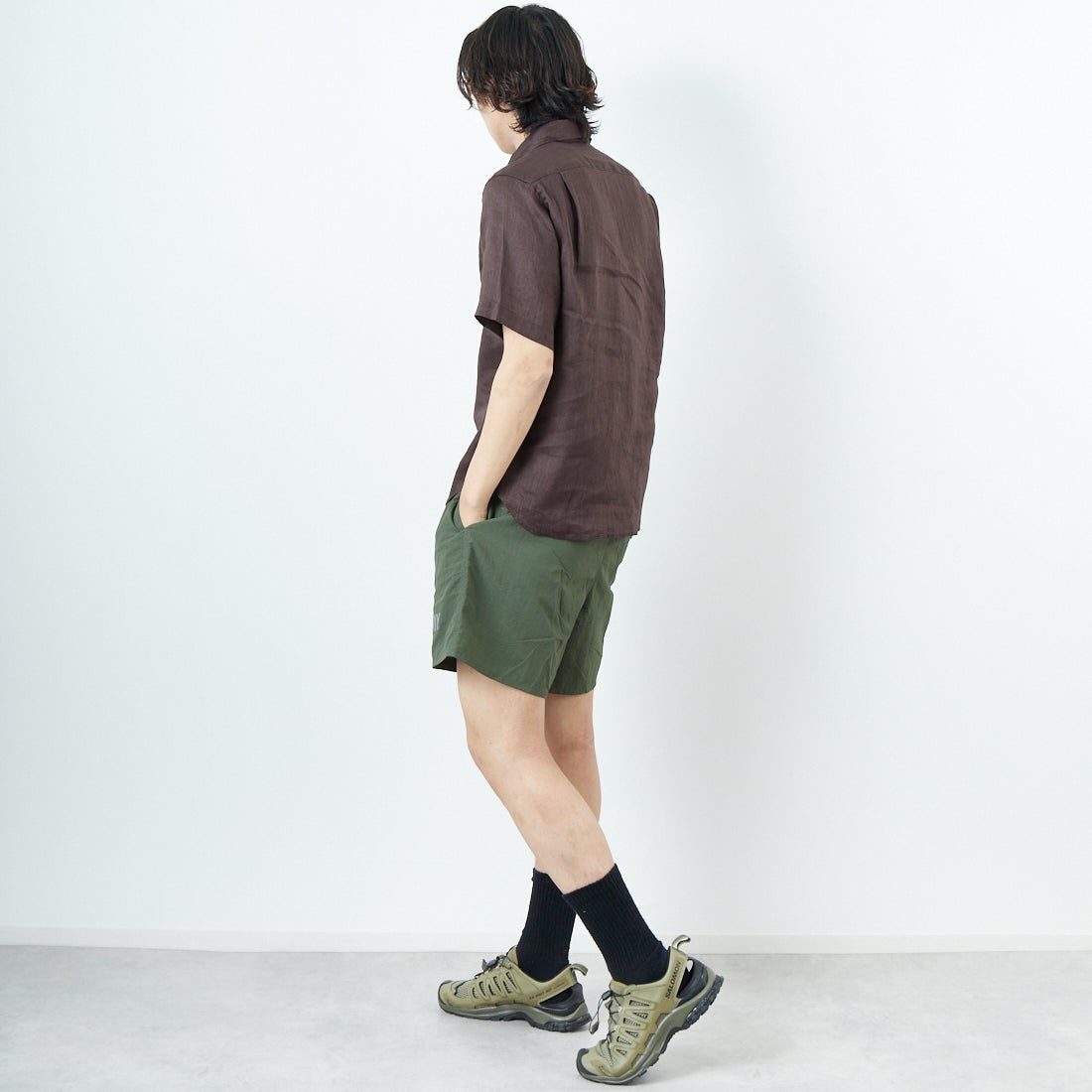 33Degrees [サーティスリーディグリーズ] フレンチリネン ショートスリーブシャツ [BFP612] BROWN &&モデル身長：179cm 着用サイズ：M&&