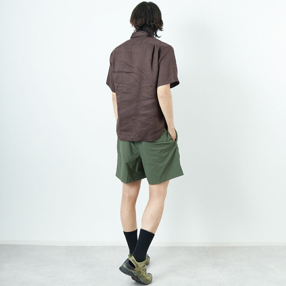 33Degrees [サーティスリーディグリーズ] フレンチリネン ショートスリーブシャツ [BFP612] BROWN &&モデル身長：179cm 着用サイズ：M&&