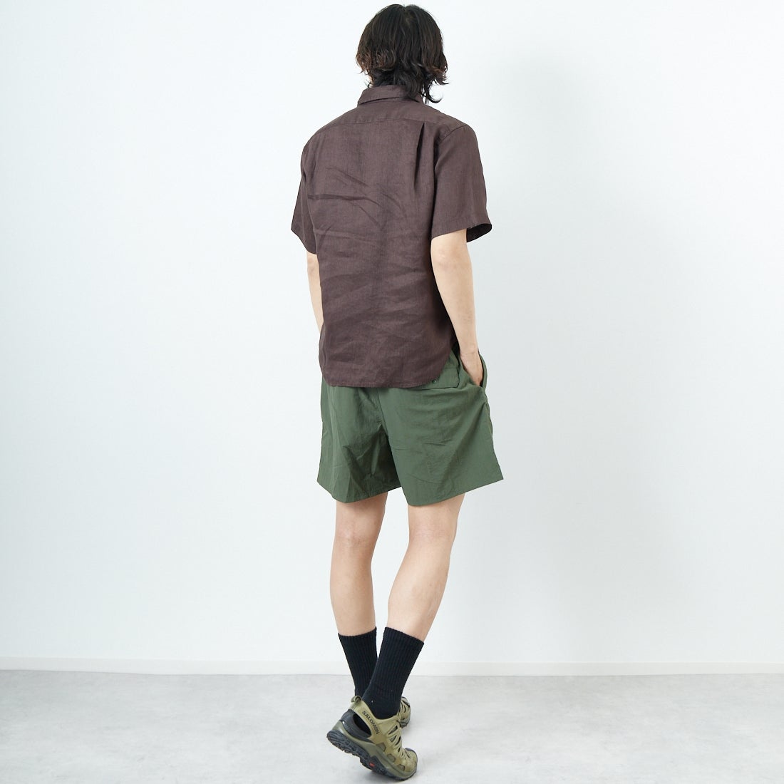 33Degrees [サーティスリーディグリーズ] フレンチリネン ショートスリーブシャツ [BFP612] BROWN &&モデル身長：179cm 着用サイズ：M&&