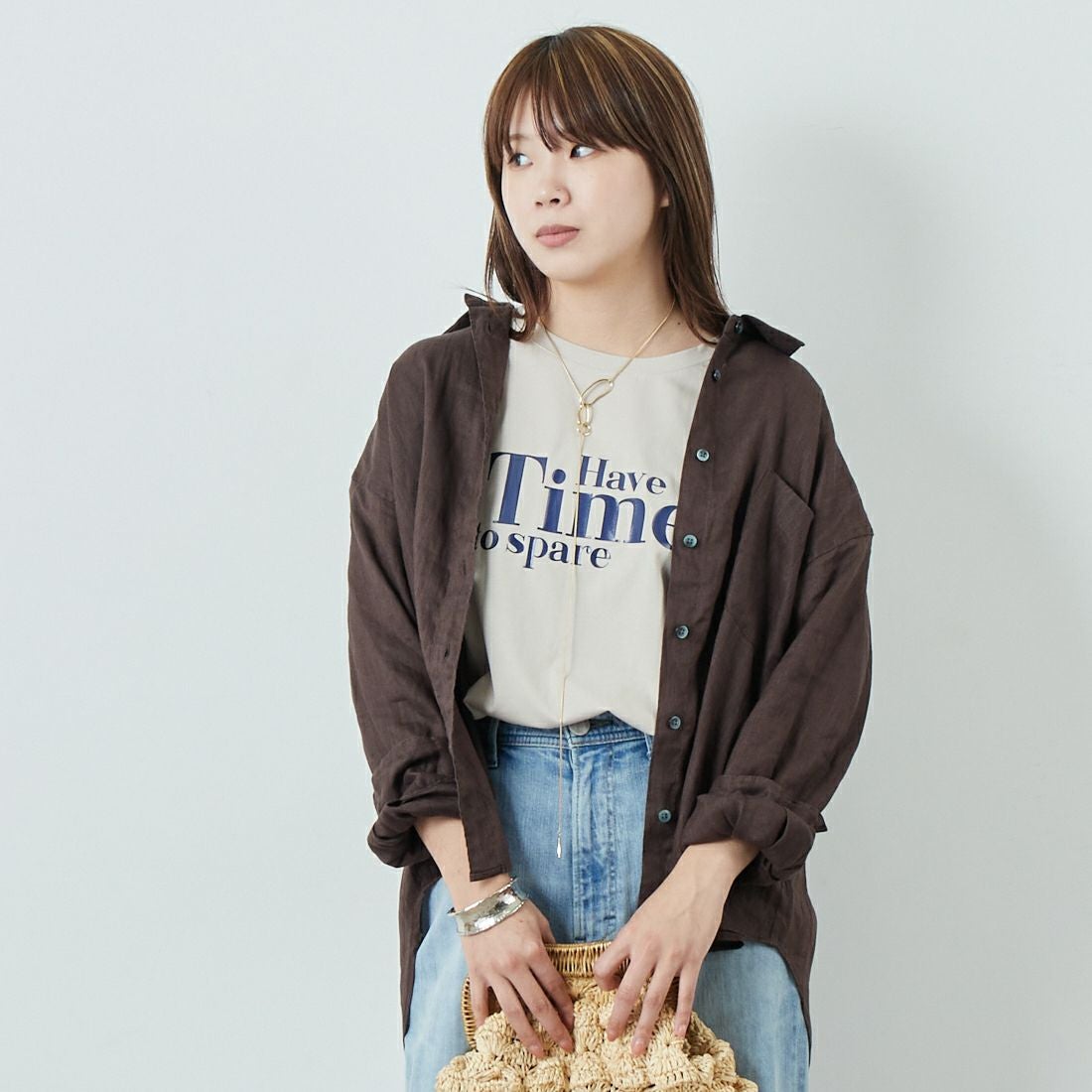 Jeans Factory Clothes [ジーンズファクトリークローズ] ロングスリーブ リネンシャツ [LFE101] BROWN &&モデル身長：167cm 着用サイズ：F&&
