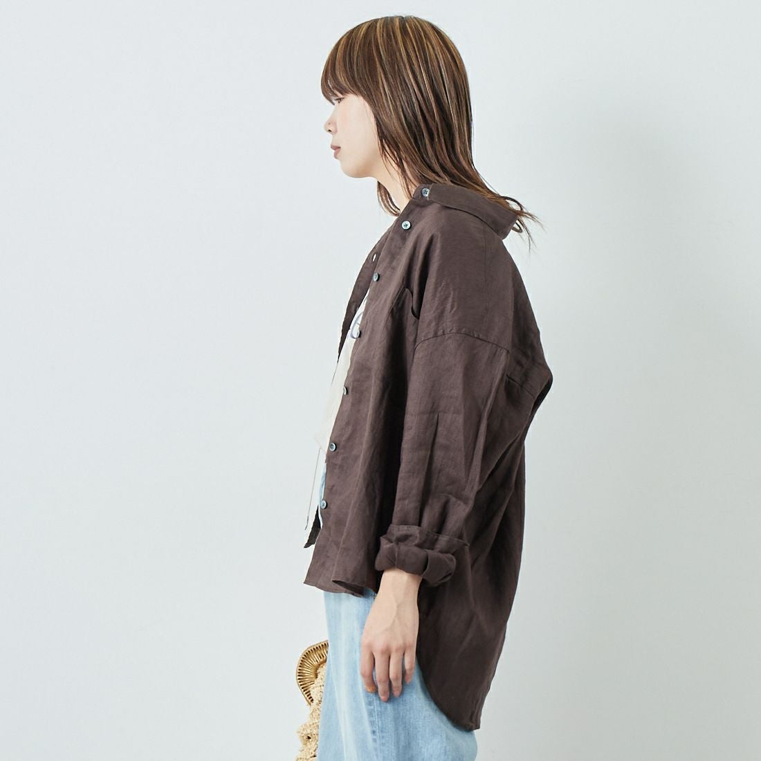 Jeans Factory Clothes [ジーンズファクトリークローズ] ロングスリーブ リネンシャツ [LFE101] BROWN &&モデル身長：167cm 着用サイズ：F&&