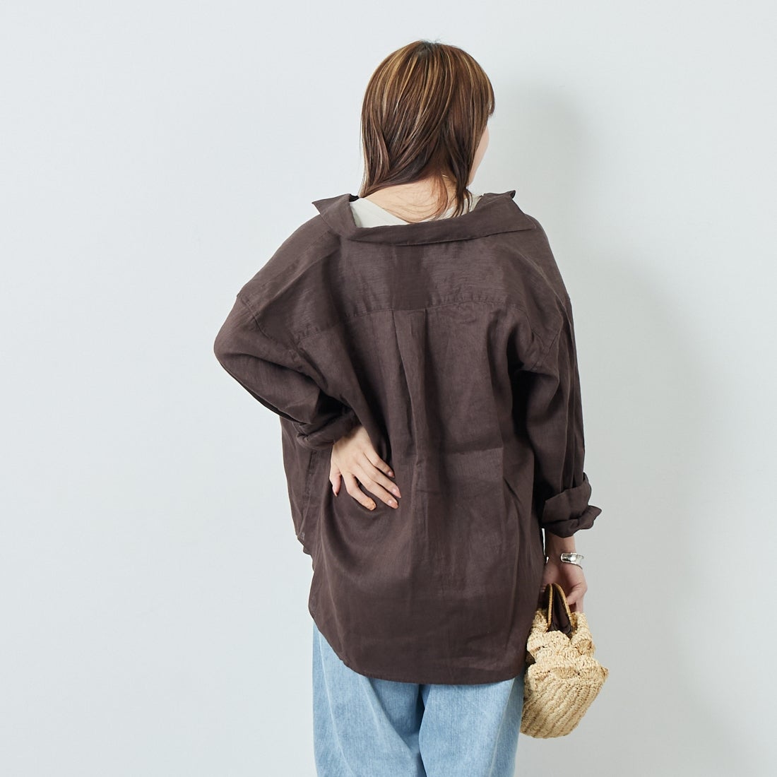 Jeans Factory Clothes [ジーンズファクトリークローズ] ロングスリーブ リネンシャツ [LFE101] BROWN &&モデル身長：167cm 着用サイズ：F&&