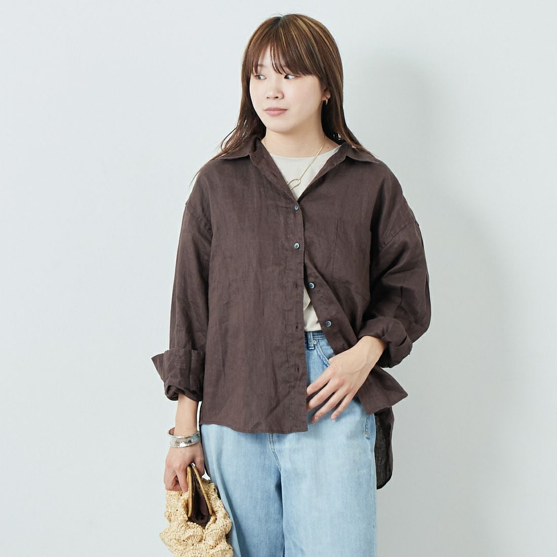 Jeans Factory Clothes [ジーンズファクトリークローズ] ロングスリーブ リネンシャツ [LFE101] BROWN &&モデル身長：167cm 着用サイズ：F&&
