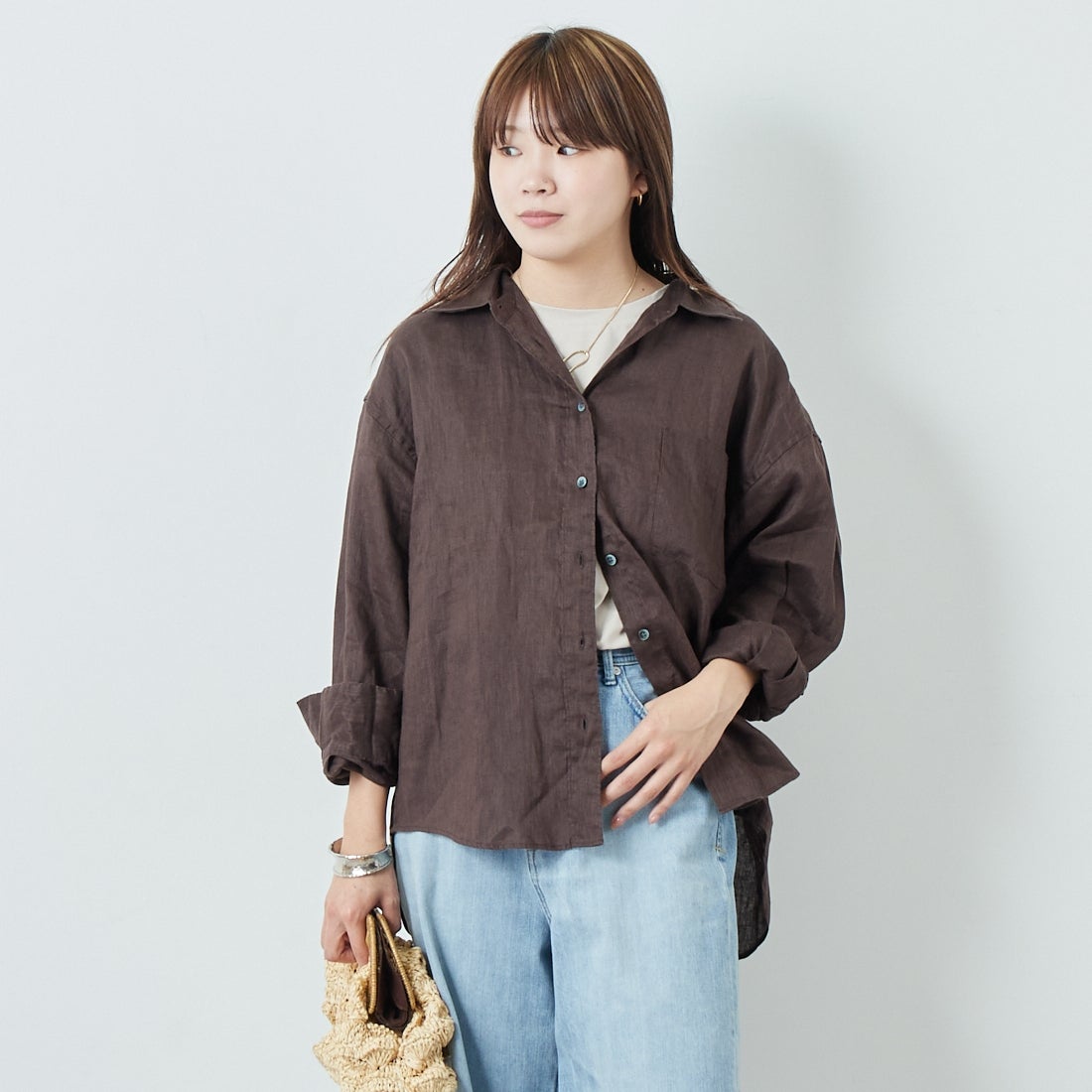 Jeans Factory Clothes [ジーンズファクトリークローズ] ロングスリーブ リネンシャツ [LFE101] BROWN &&モデル身長：167cm 着用サイズ：F&&