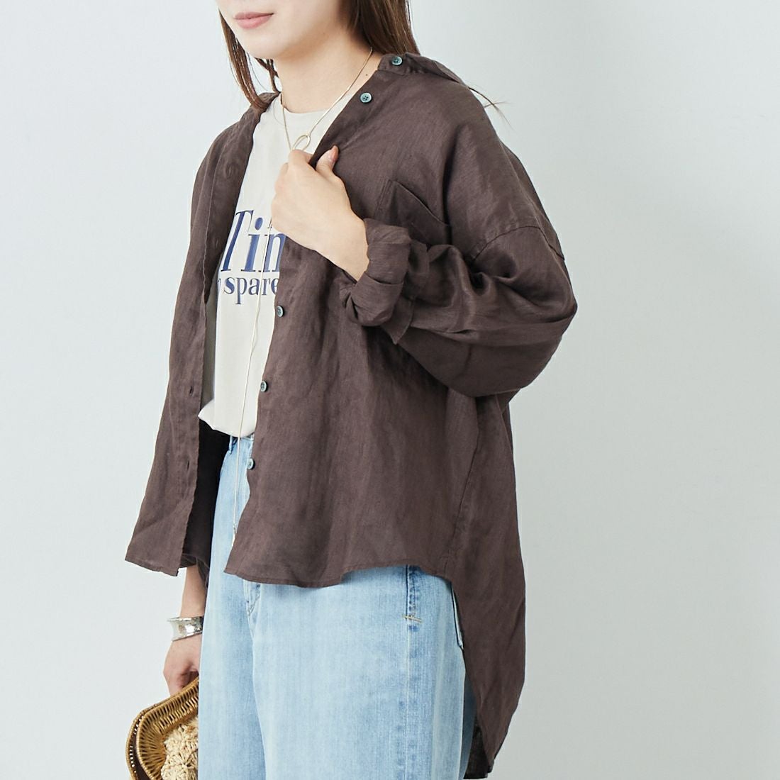 Jeans Factory Clothes [ジーンズファクトリークローズ] ロングスリーブ リネンシャツ [LFE101] BROWN &&モデル身長：167cm 着用サイズ：F&&