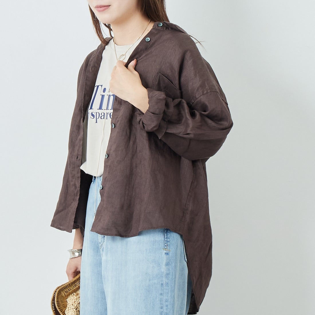 Jeans Factory Clothes [ジーンズファクトリークローズ] ロングスリーブ リネンシャツ [LFE101] BROWN &&モデル身長：167cm 着用サイズ：F&&