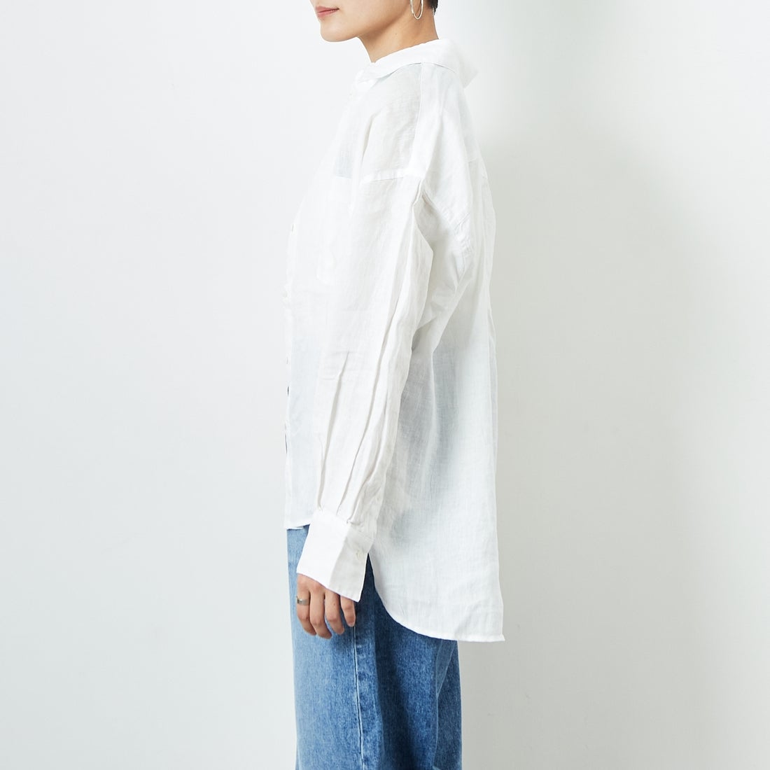 Jeans Factory Clothes [ジーンズファクトリークローズ] ロングスリーブ リネンシャツ [LFE101] WHITE &&モデル身長：160cm 着用サイズ：F&&