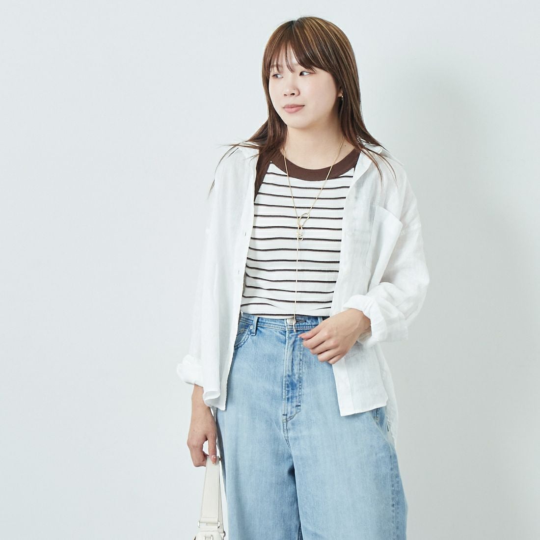Jeans Factory Clothes [ジーンズファクトリークローズ] ロングスリーブ リネンシャツ [LFE101] WHITE &&モデル身長：167cm 着用サイズ：F&&