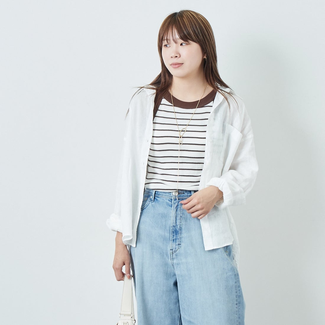 Jeans Factory Clothes [ジーンズファクトリークローズ] ロングスリーブ リネンシャツ [LFE101] WHITE &&モデル身長：167cm 着用サイズ：F&&