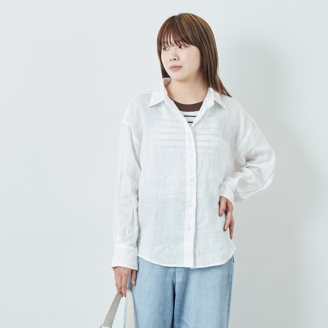 Jeans Factory Clothes [ジーンズファクトリークローズ] ロングスリーブ リネンシャツ [LFE101] WHITE &&モデル身長：167cm 着用サイズ：F&&