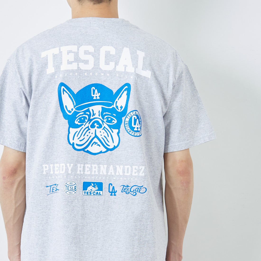 The Endless Summer [エンドレスサマー] 別注 BUHI LEAGUE バックプリントTシャツ [FH-25574506-JF] 03 MIX GRA &&モデル身長：168cm 着用サイズ：L&&