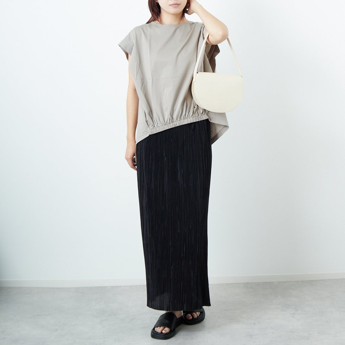 Jf Ready Made [ジェイエフレディメイド] ウエストギャザーシルケットTシャツ [3101104] 714 ｸﾞﾚｰﾍﾞ &&モデル身長：167cm 着用サイズ：F&&