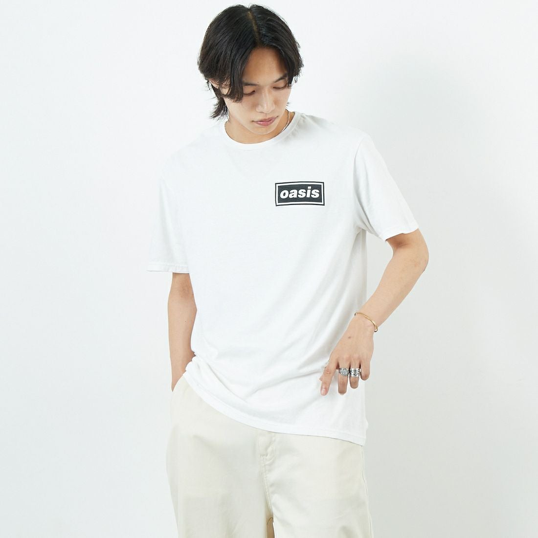 THRIFTY LOOK [スリフティールック] oasis ショートスリーブTシャツ [TL25S044-W] WHITE &&モデル身長：179cm 着用サイズ：L&&