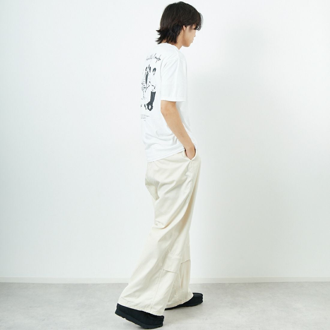 THRIFTY LOOK [スリフティールック] oasis ショートスリーブTシャツ [TL25S044-W] WHITE &&モデル身長：179cm 着用サイズ：L&&