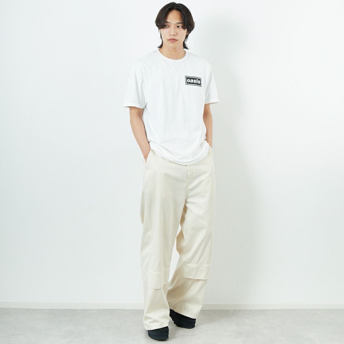 THRIFTY LOOK [スリフティールック] oasis ショートスリーブTシャツ [TL25S044-W] WHITE &&モデル身長：179cm 着用サイズ：L&&