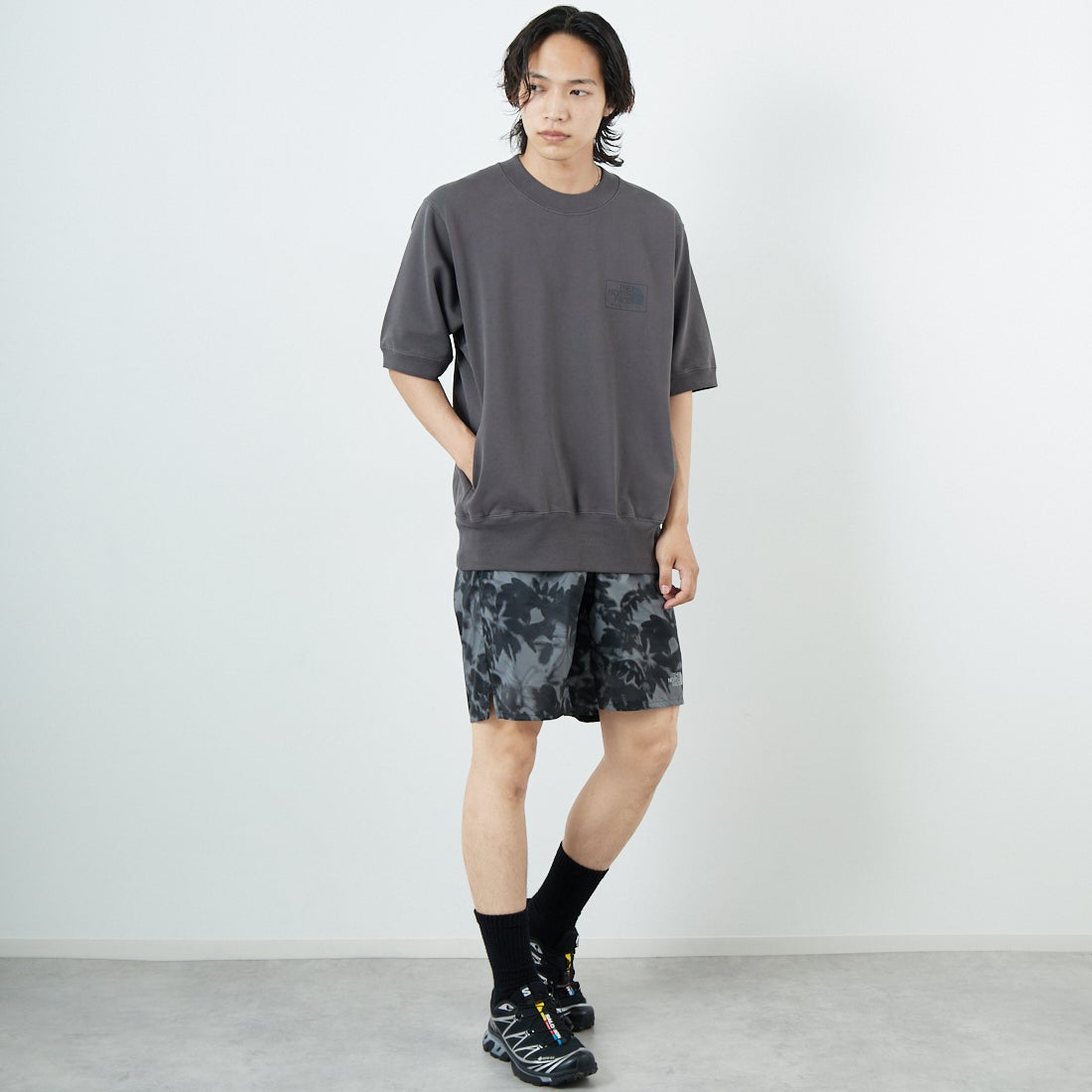 THE NORTH FACE PURPLE LABEL [ザ ノースフェイス パープルレーベル] 11オンスフィールドショートスリーブスウェット [N25SH042] AH AHGRAY &&モデル身長：179cm 着用サイズ：M&&