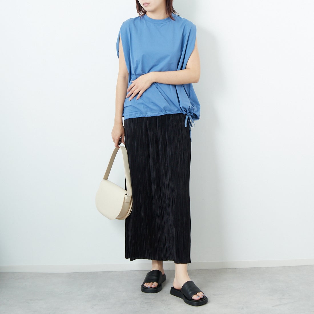 Jf Ready Made [ジェイエフレディメイド] シルケットドロストノースリーブトップス [3101107] 501 ﾌﾞﾙｰ &&モデル身長：167cm 着用サイズ：&&