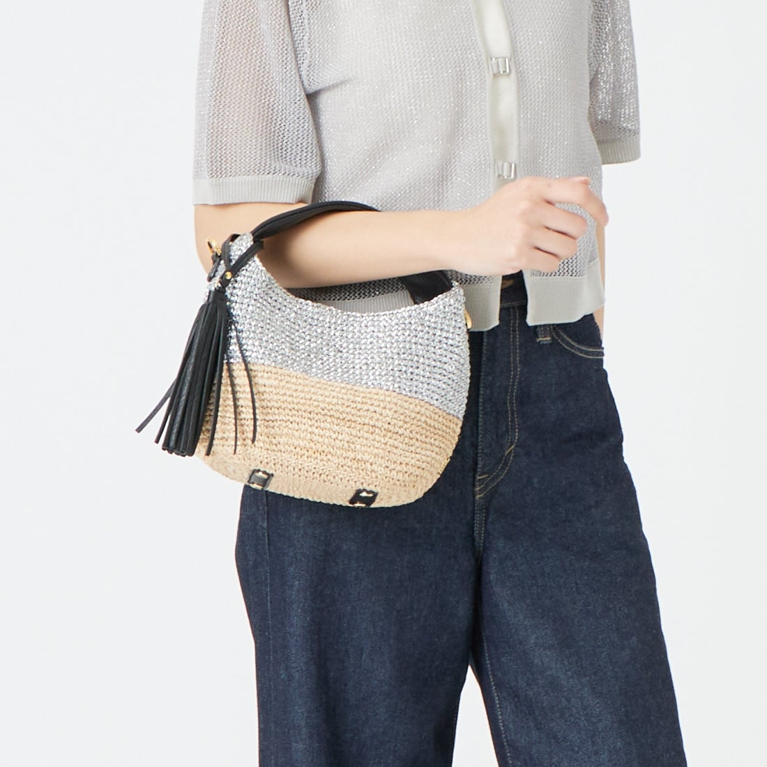 VIOLAd'ORO [ヴィオラドーロ] MIRO メタリックカラーカゴバッグ [V-8897] SILVER/NAT