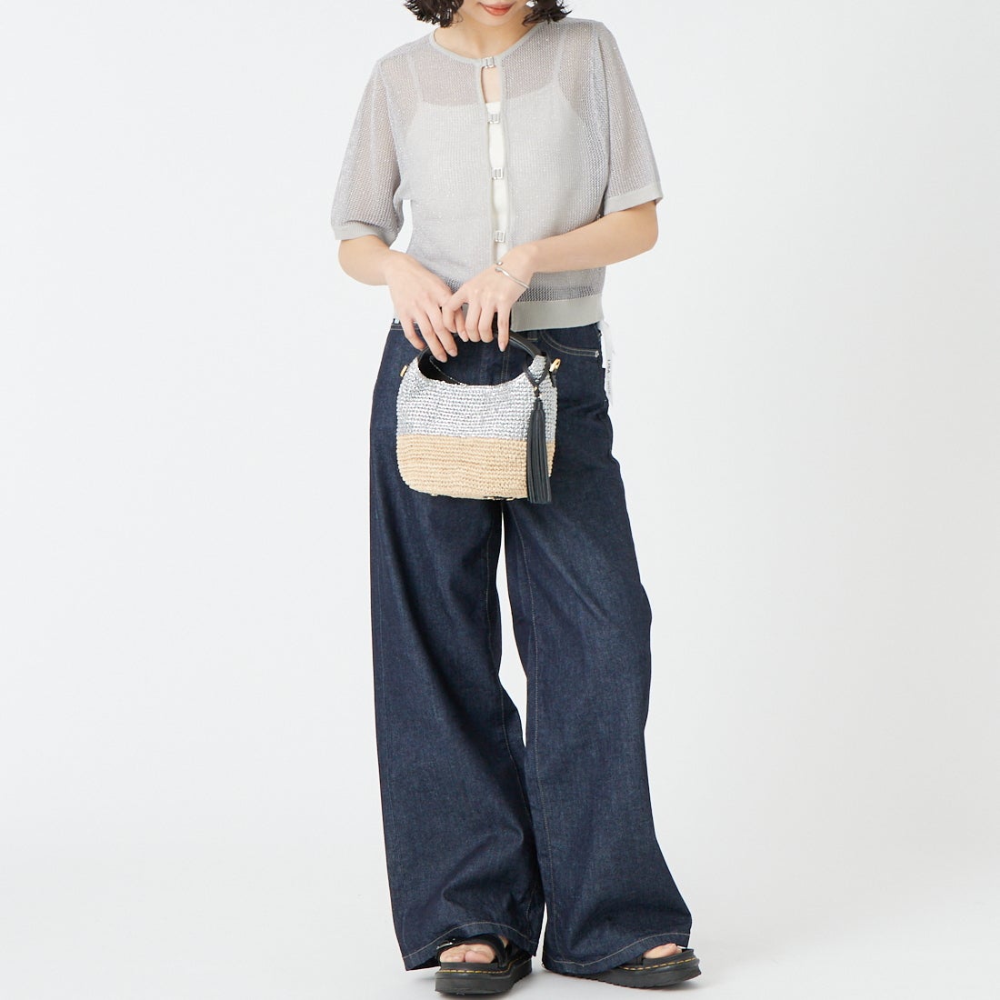 VIOLAd'ORO [ヴィオラドーロ] MIRO メタリックカラーカゴバッグ [V-8897] SILVER/NAT