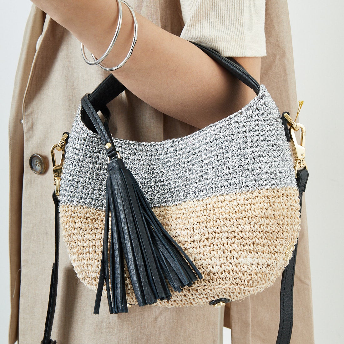 VIOLAd'ORO [ヴィオラドーロ] MIRO メタリックカラーカゴバッグ [V-8897] SILVER/NAT