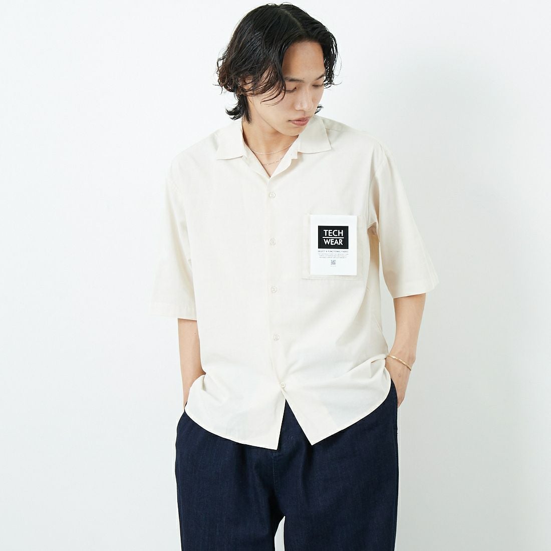 Jeans Factory Clothes [ジーンズファクトリークローズ] テックリネンワンナップカラーシャツ [EPC-53100] 1 IVORY &&モデル身長：179cm 着用サイズ：M&&