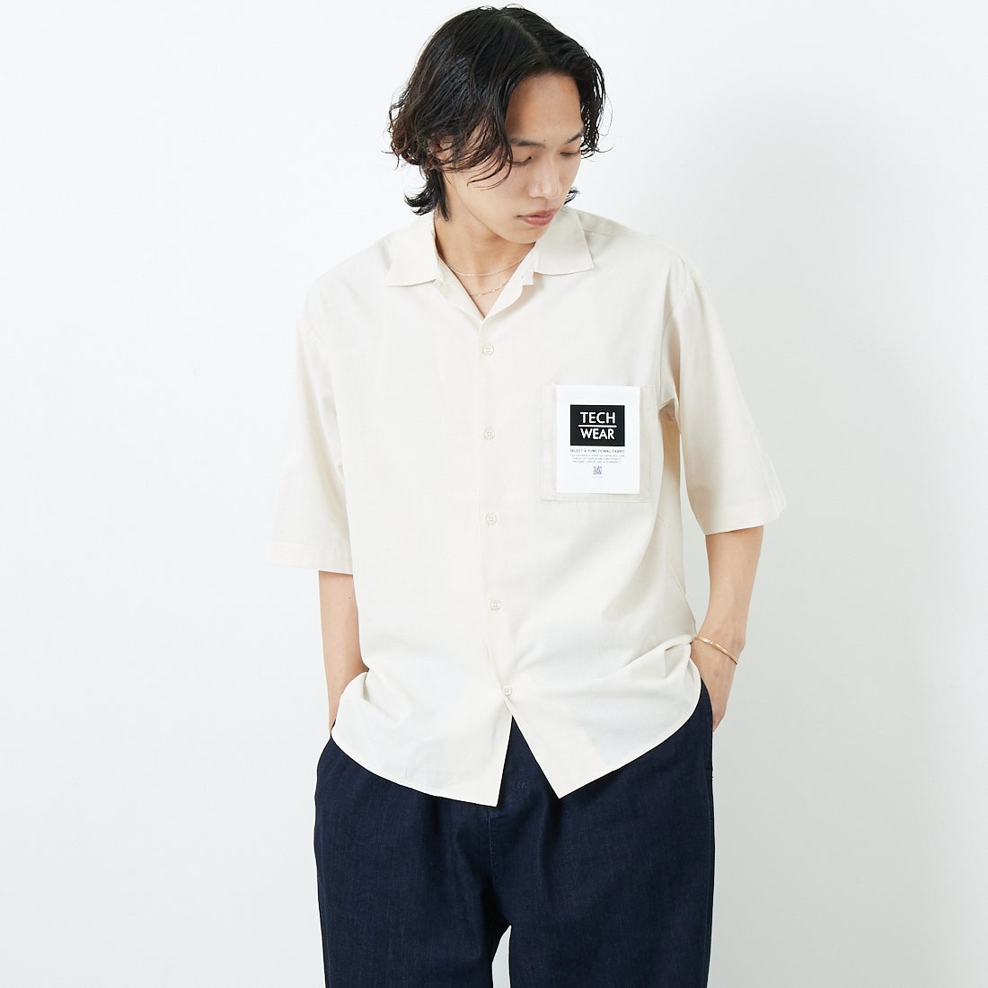 Jeans Factory Clothes [ジーンズファクトリークローズ] テックリネンワンナップカラーシャツ [EPC-53100] 1 IVORY &&モデル身長：179cm 着用サイズ：M&&