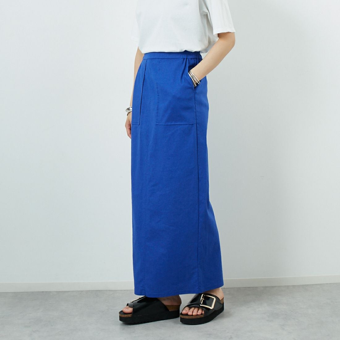 CLOCHE [クロシェ] ストレッチリネンタイトスカート [51286527] ﾌﾞﾙｰ &&モデル身長：160cm 着用サイズ：2&&