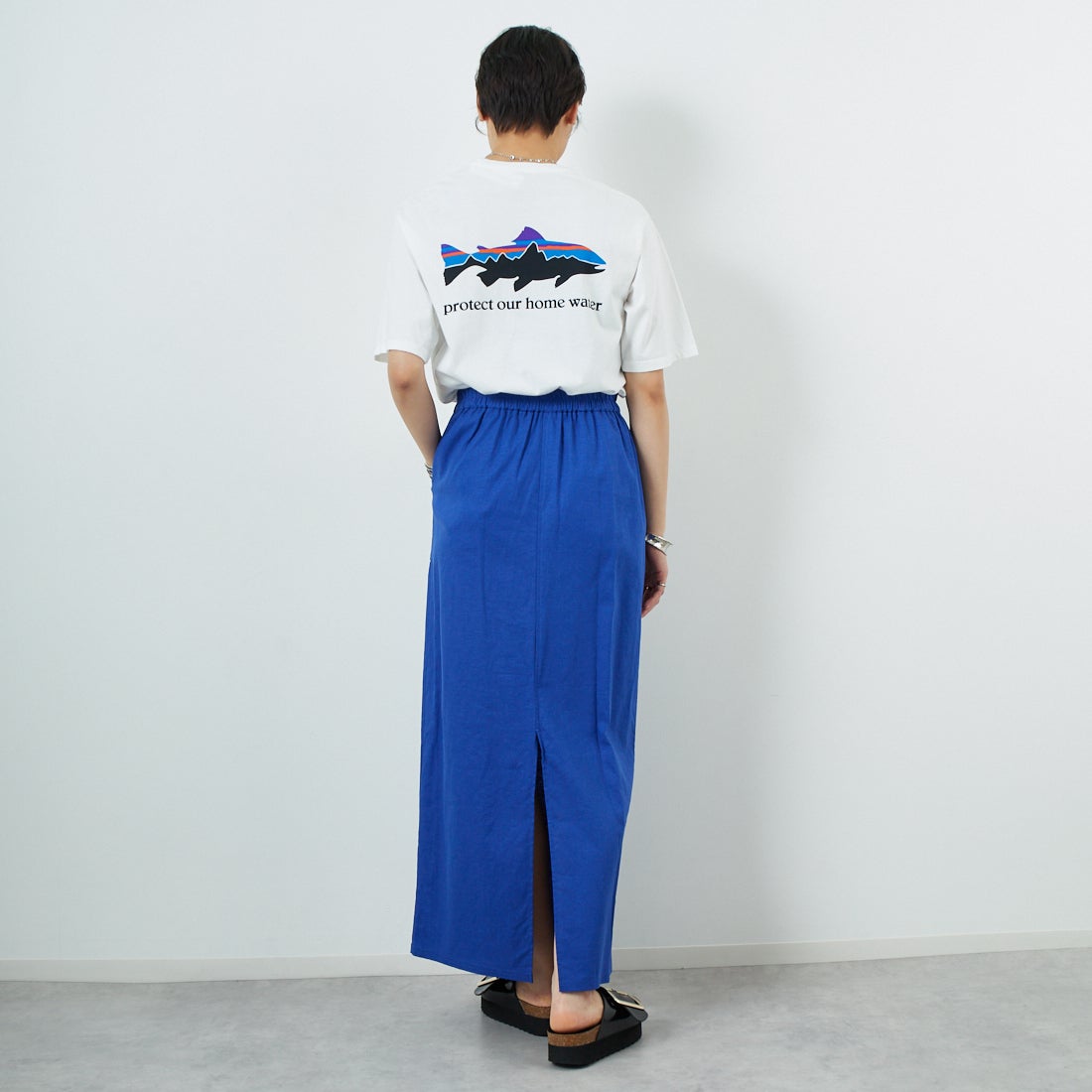 CLOCHE [クロシェ] ストレッチリネンタイトスカート [51286527] ﾌﾞﾙｰ &&モデル身長：160cm 着用サイズ：2&&