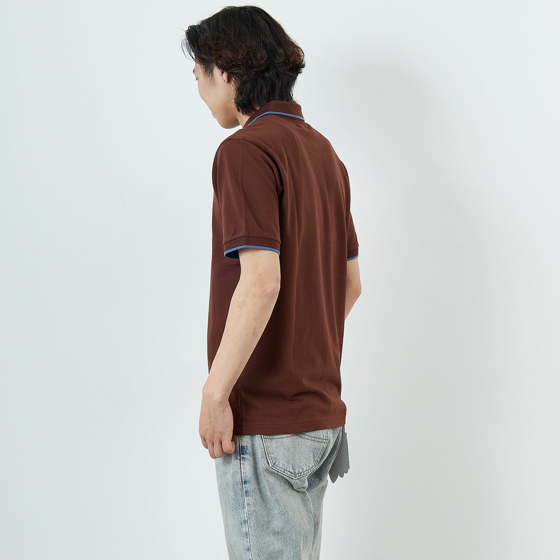 THE FOX [ザフォックス] 別注 ワンポイントロゴ ティップラインポロシャツ [JFU25SS-09-JF] BRWN/BLU &&モデル身長：179cm 着用サイズ：L&&