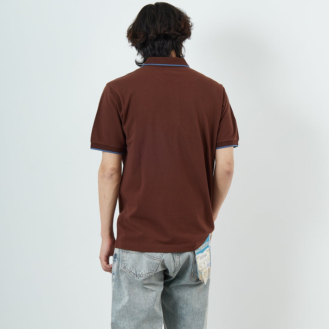 THE FOX [ザフォックス] 別注 ワンポイントロゴ ティップラインポロシャツ [JFU25SS-09-JF] BRWN/BLU &&モデル身長：179cm 着用サイズ：L&&