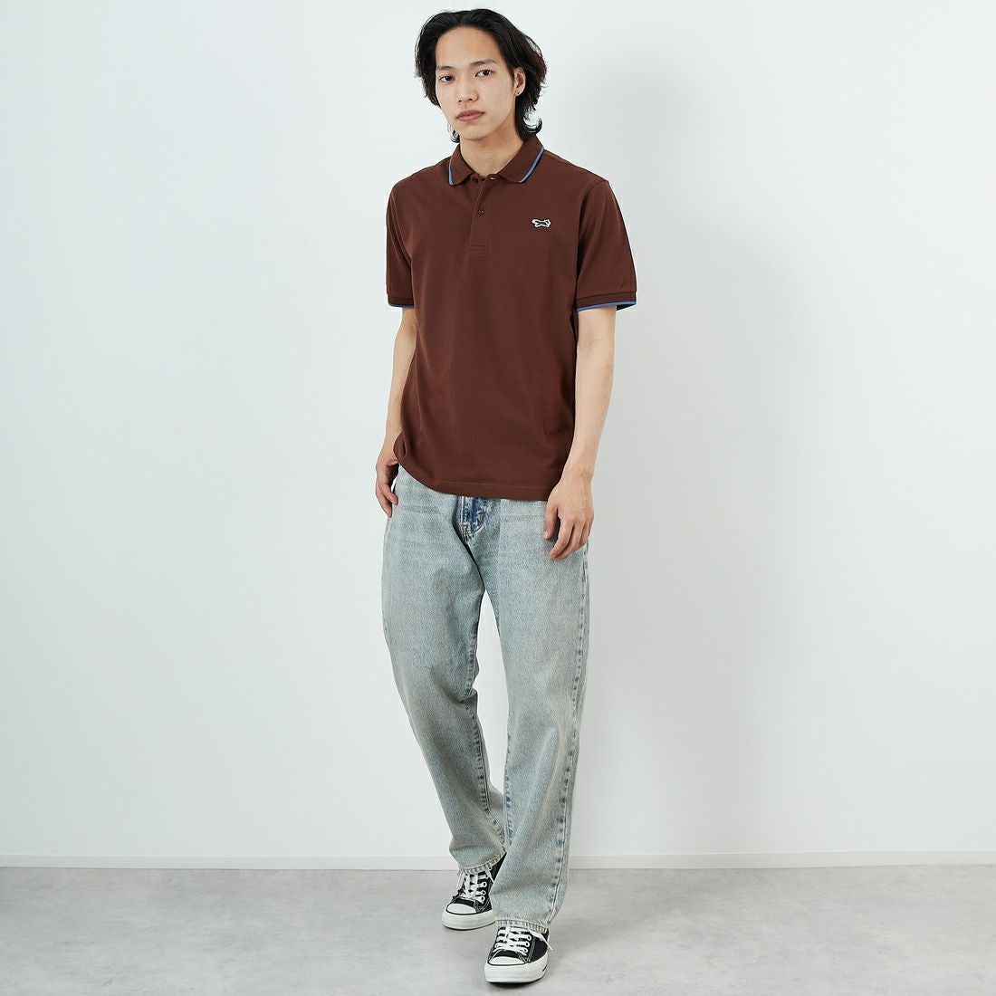 THE FOX [ザフォックス] 別注 ワンポイントロゴ ティップラインポロシャツ [JFU25SS-09-JF] BRWN/BLU &&モデル身長：179cm 着用サイズ：L&&