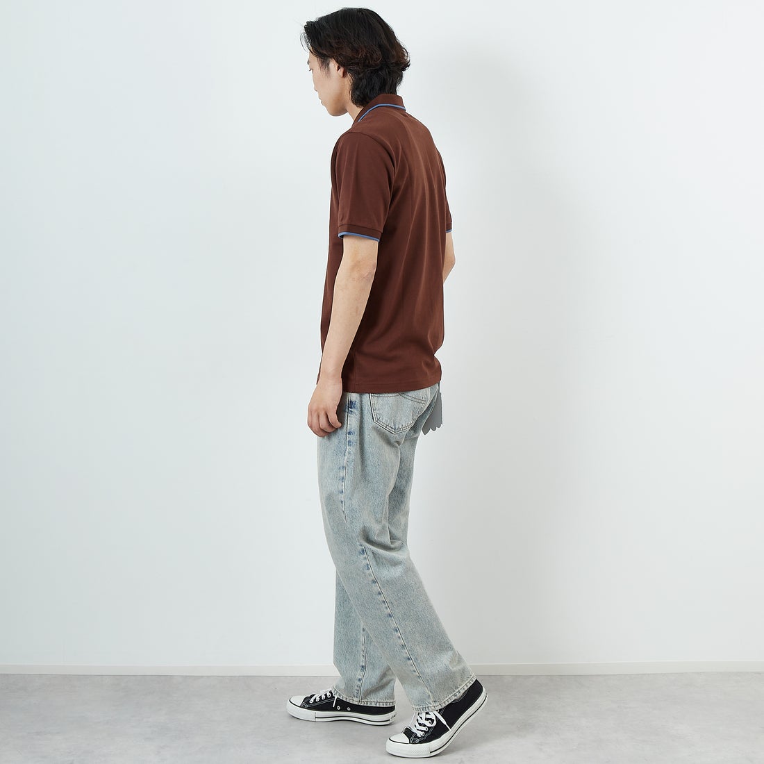 THE FOX [ザフォックス] 別注 ワンポイントロゴ ティップラインポロシャツ [JFU25SS-09-JF] BRWN/BLU &&モデル身長：179cm 着用サイズ：L&&
