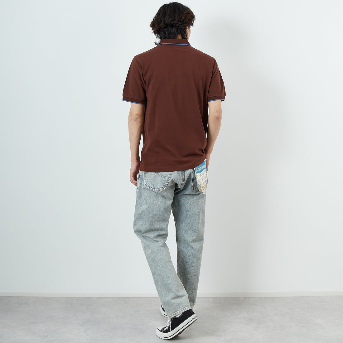 THE FOX [ザフォックス] 別注 ワンポイントロゴ ティップラインポロシャツ [JFU25SS-09-JF] BRWN/BLU &&モデル身長：179cm 着用サイズ：L&&