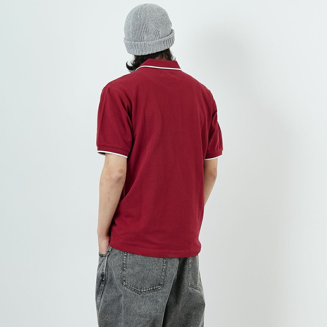 THE FOX [ザフォックス] 別注 ワンポイントロゴ ティップラインポロシャツ [JFU25SS-09-JF] BUR/WHT &&モデル身長：179cm 着用サイズ：XL&&